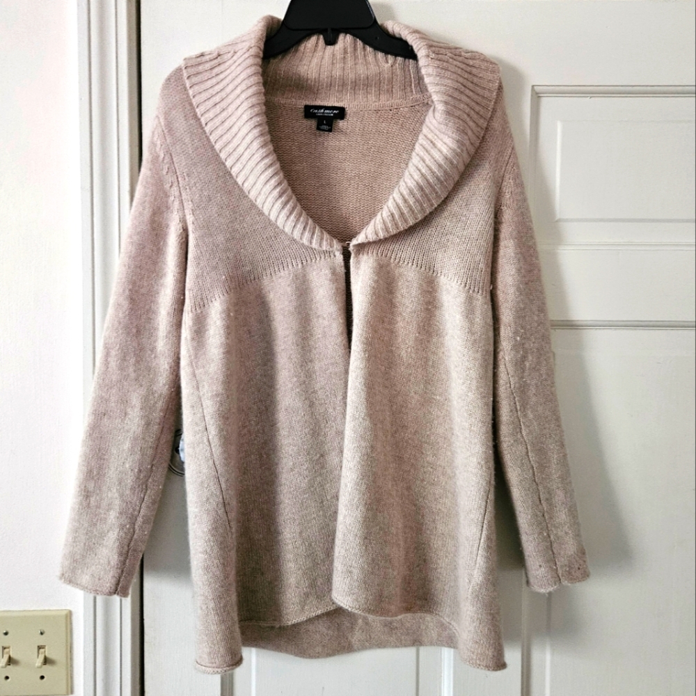 100% Cashere Cream Taupe Cowlneck Sweater Large Lord & Taylor